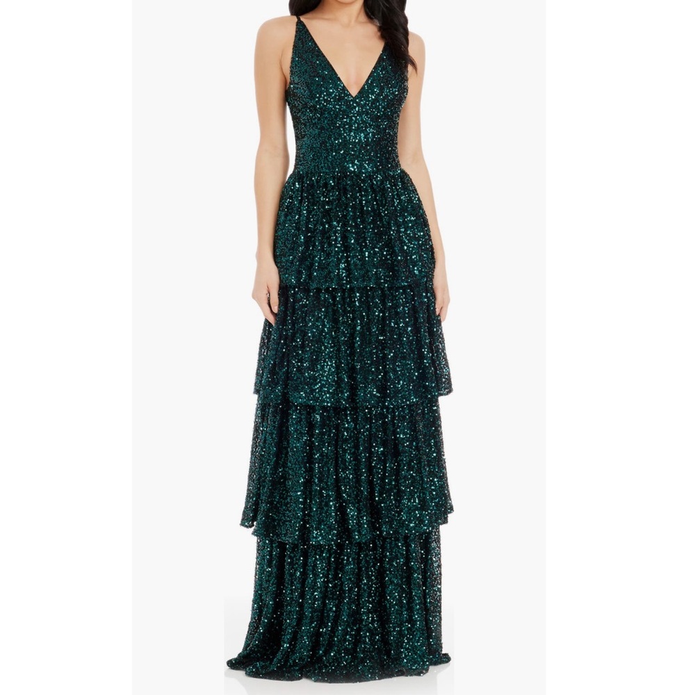 Dress the Population Deep Emerald Lorain Sequin Tiered Ruffle Gown - Reemoly
